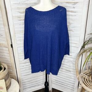 EILEEN FISHER Women's Large Open Knit Linen Cotton Dolman Sweater Navy Beachy